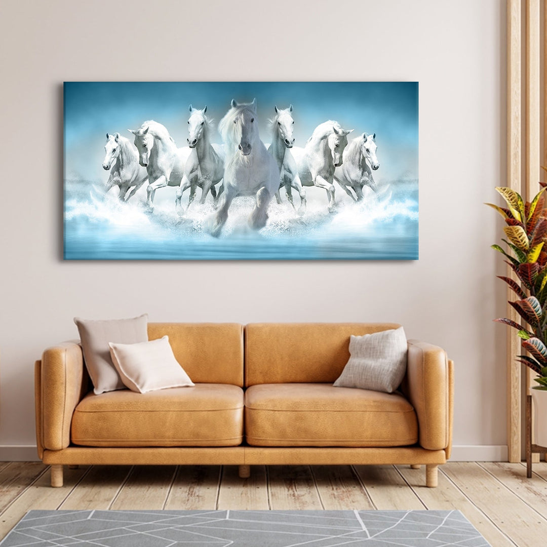 Seven Running Horses Vastu Canvas Paintings Framed For Living Room Wall Decoration (VAWA05)