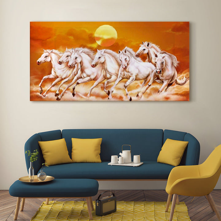 Seven Running Horses Vastu Canvas Paintings Framed For Living Room Wall Decoration (VAWA06)