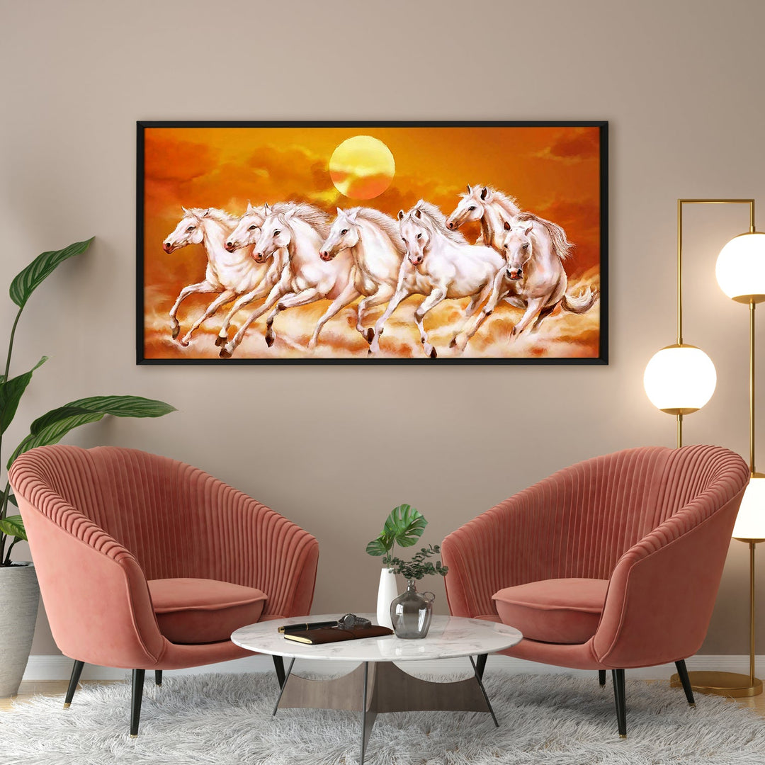 Seven Running Horses Vastu Canvas Paintings Framed For Living Room Wall Decoration (VAWA06)