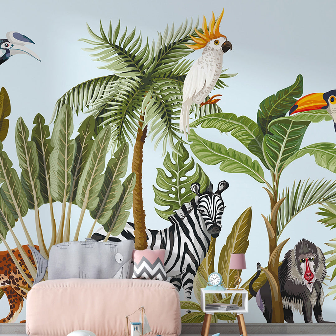 Tropical Bird Tiger Zebra Monkey Jungle Animals Kids Wallpaper Murals