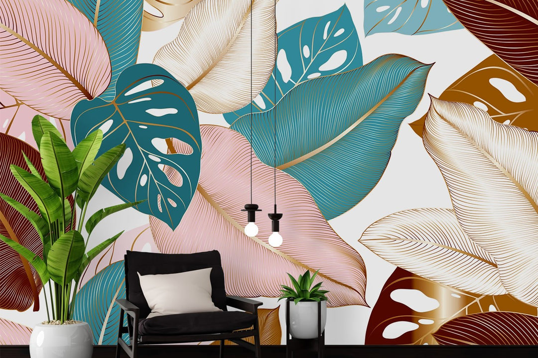 Tropical Leaf Blue Pink Exotic Wallpaper Murals For Living Rooms Wall Decoration