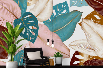 Tropical Leaf Blue Pink Exotic Wallpaper Murals For Living Rooms