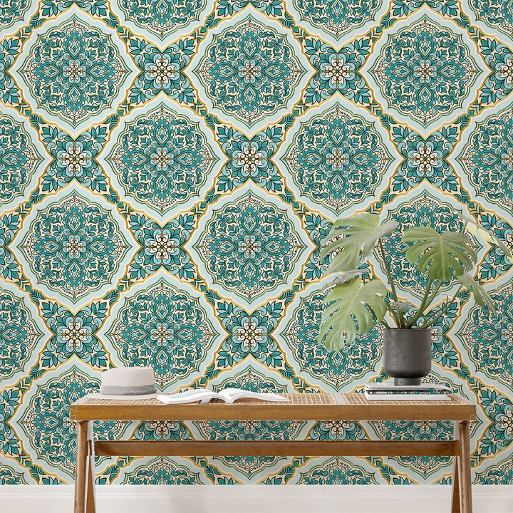 Turquoise and gold luxury Self Adhesive Turkish Wallpaper