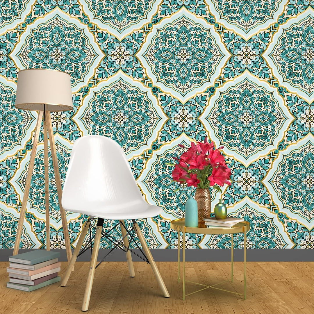 Turquoise and gold luxury Self Adhesive Turkish Wallpaper