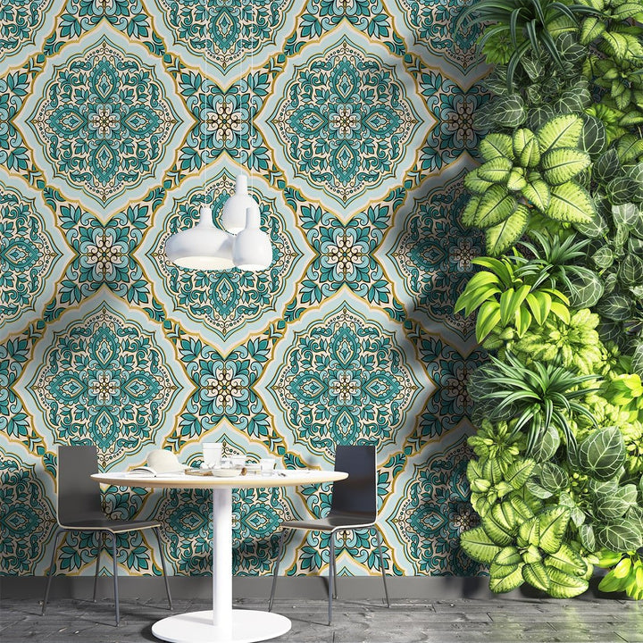 Turquoise and gold luxury Self Adhesive Turkish Wallpaper