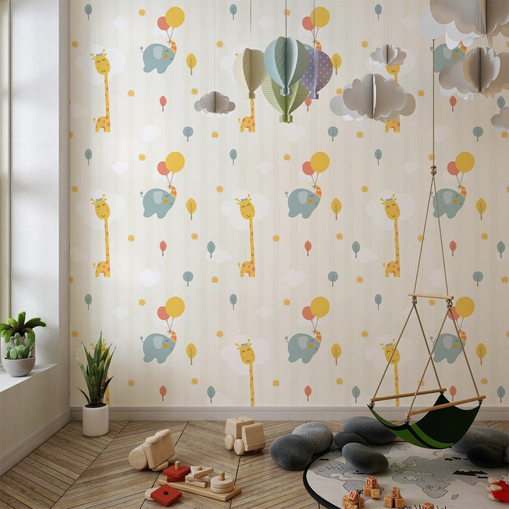 Vector Elephant and Giraffe with balloon wallpaper For Kids bedroom