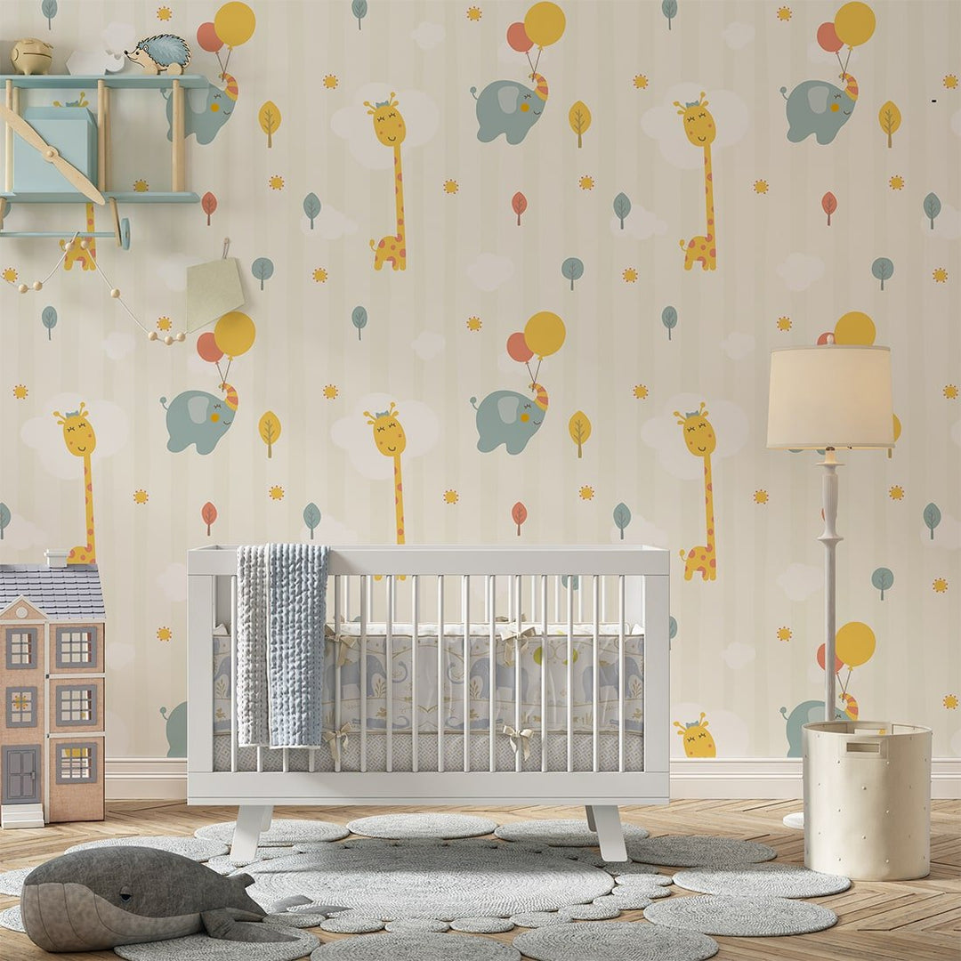 Vector Elephant and Giraffe with balloon wallpaper For Kids bedroom