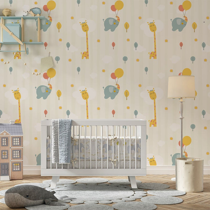 Vector Elephant and Giraffe with balloon wallpaper For Kids bedroom