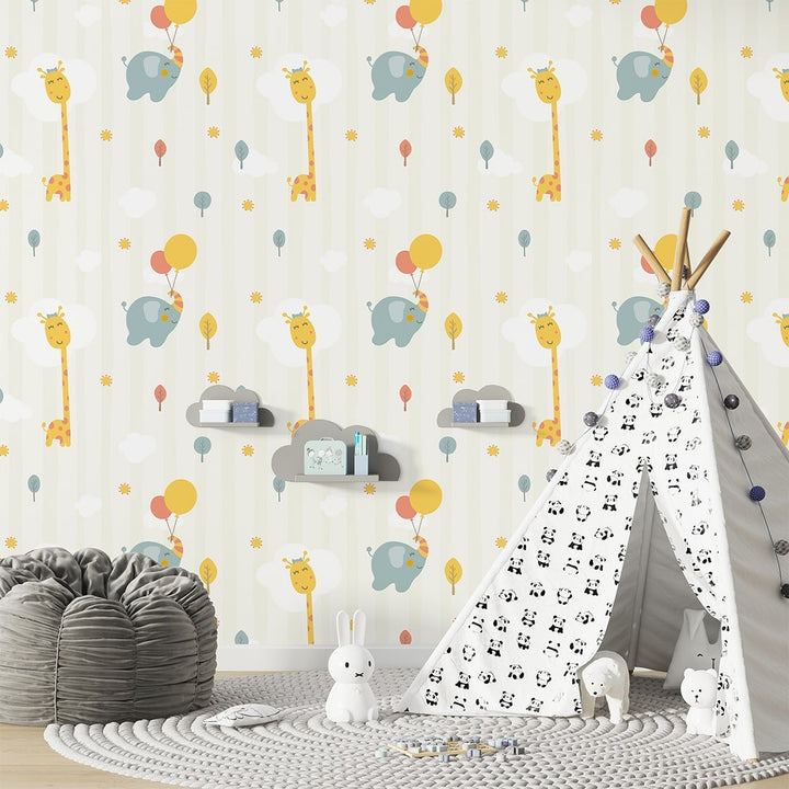 Vector Elephant and Giraffe with balloon wallpaper For Kids bedroom