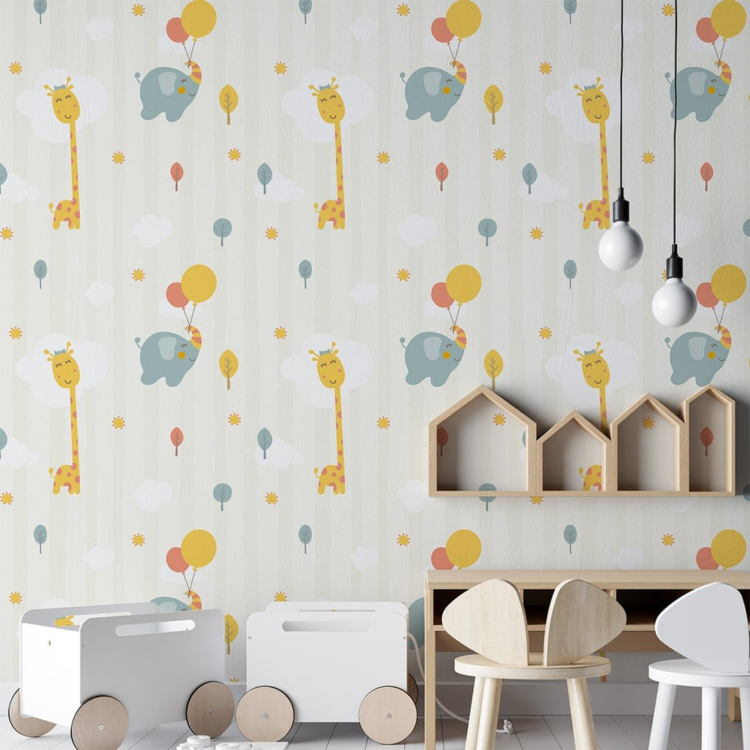 Vector Elephant and Giraffe with balloon wallpaper For Kids bedroom