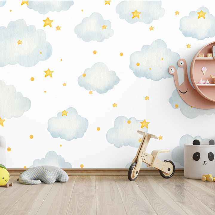 Watercolor Clouds and Stars Wallpaper Mural For kids Room wall decoration