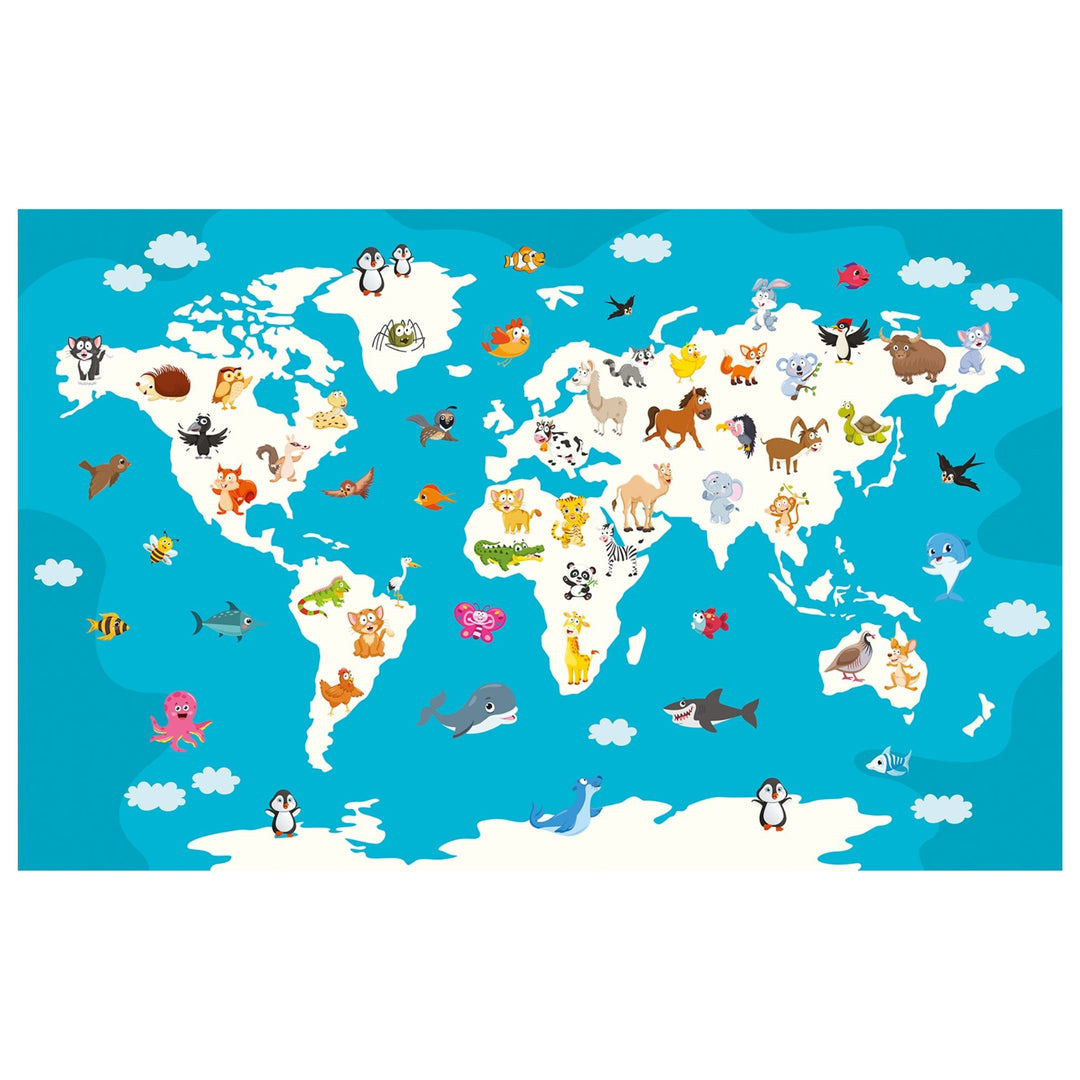 World Map With Cartoon Animals Wallpaper Murals For Nursery kids