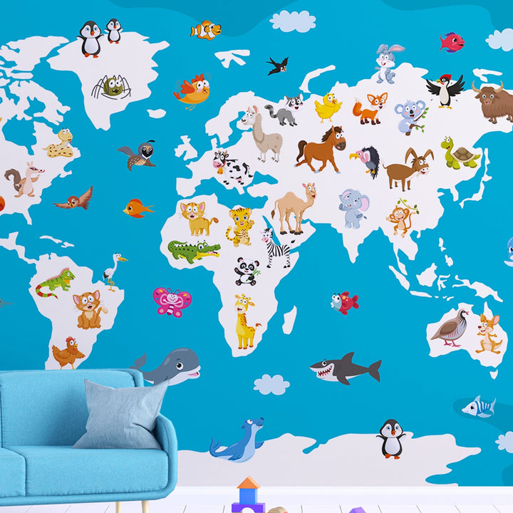 World Map With Cartoon Animals Wallpaper Murals For Nursery kids