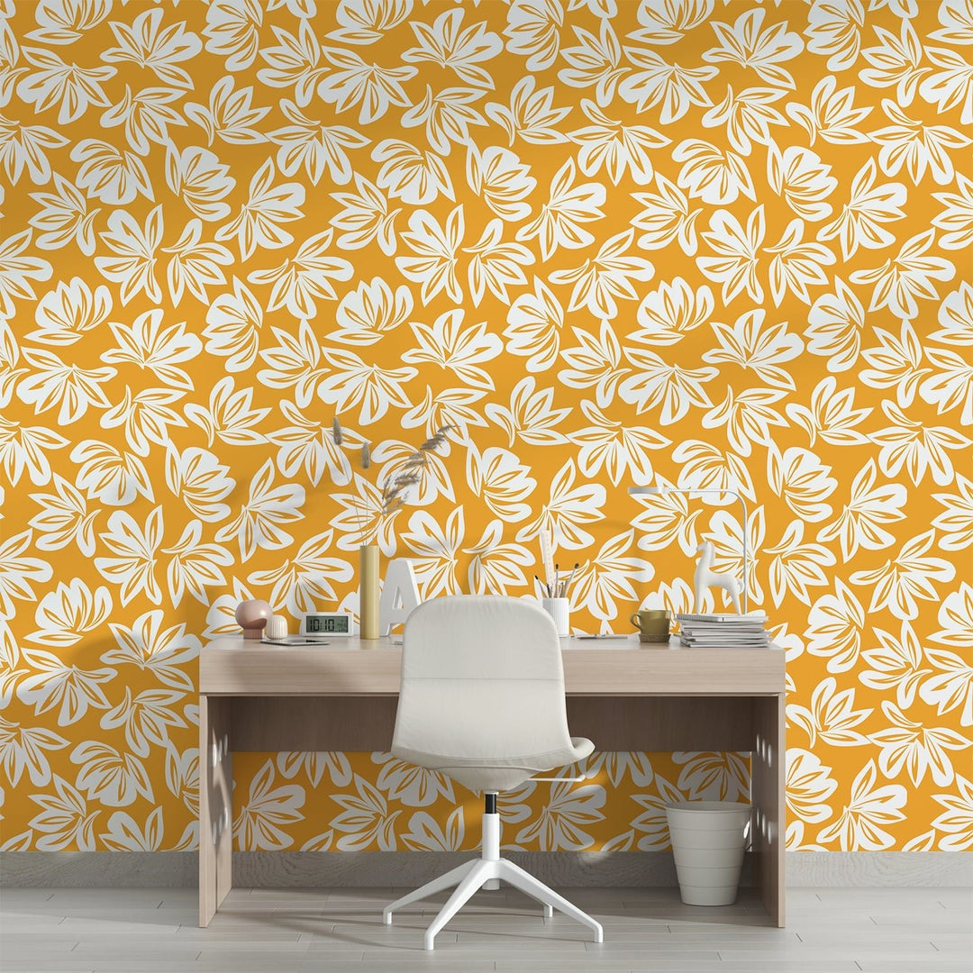 Yellow and white floral wallpaper for living rooms