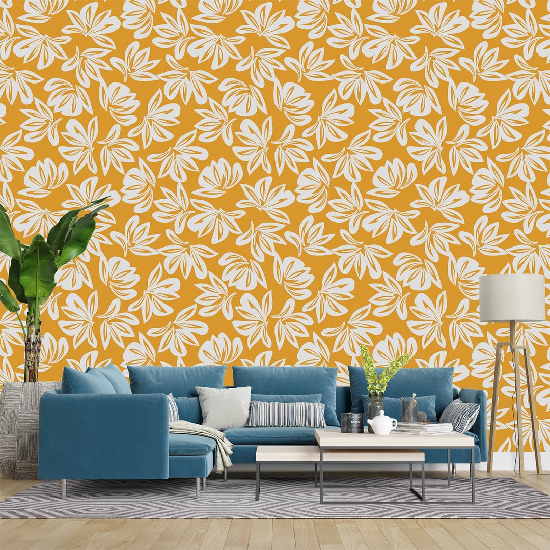 Yellow and white floral wallpaper for living rooms