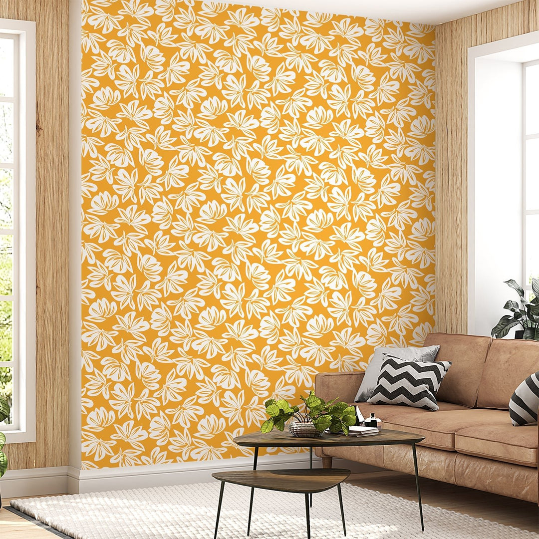 Yellow and white floral wallpaper for living rooms