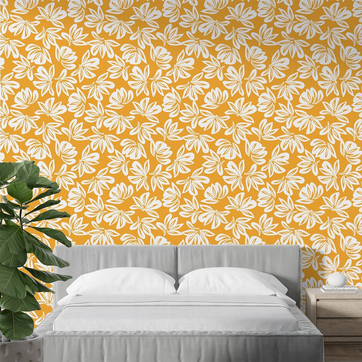 Yellow and white floral wallpaper for living rooms