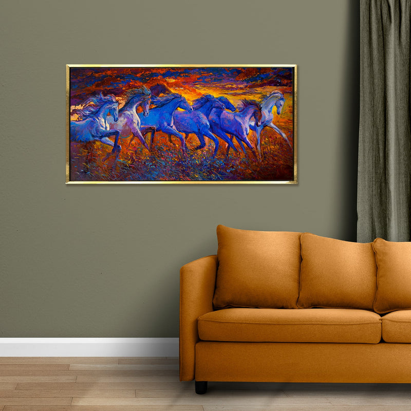 Feng Shui Seven Horse Canvas Painting Framed 