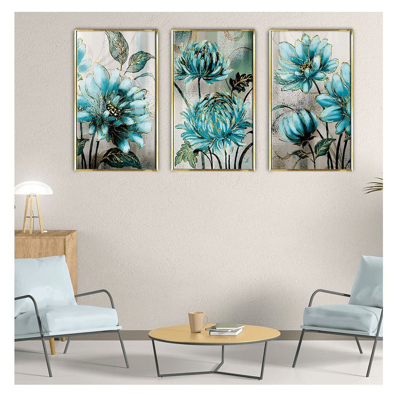 Blue Flowers Golden Lac Noble Modern Nordic Canvas Painting For Living Room