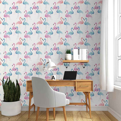 Pink and Blue Flamingos Feature Watercolour Wallpaper