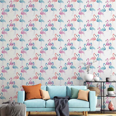 Pink and Blue Flamingos Feature Watercolour Wallpaper