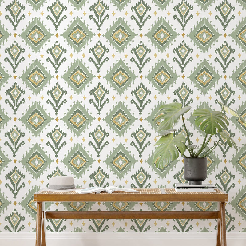 Geometric Green Boho Wallpaper for living room 