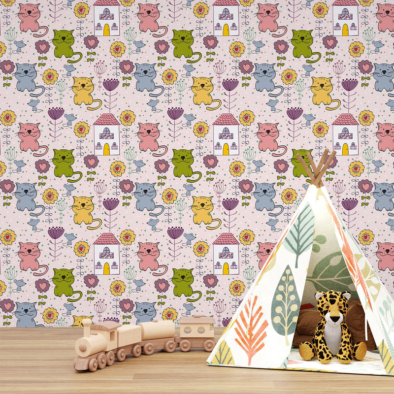 Flowers and Multicolor cats wallpaper for Nursery Room