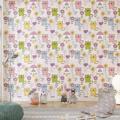 Flowers and Multicolor cats wallpaper for Nursery Room