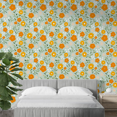 Modern Orange Color Floral wallpaper 