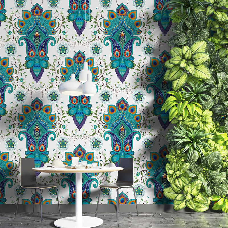 Eastern flowers with peacock feathers Turkish Wallpaper
