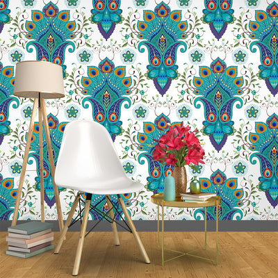 Eastern flowers with peacock feathers Turkish Wallpaper