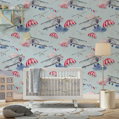 Planes and Parachutes Feature Wallpaper For Kids room