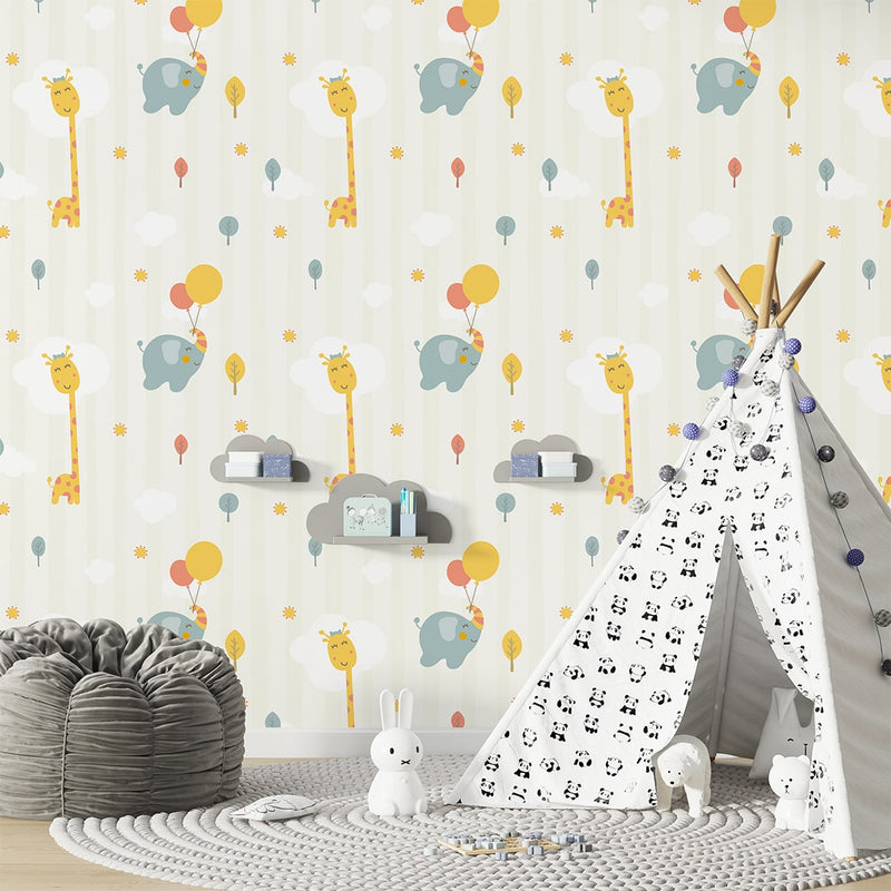 Elephant and Giraffe with balloon wallpaper For Kids bedroom