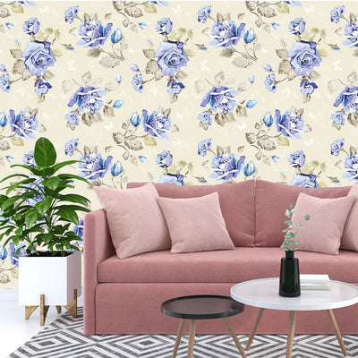 Rose Blue Floral Wallpaper Mural